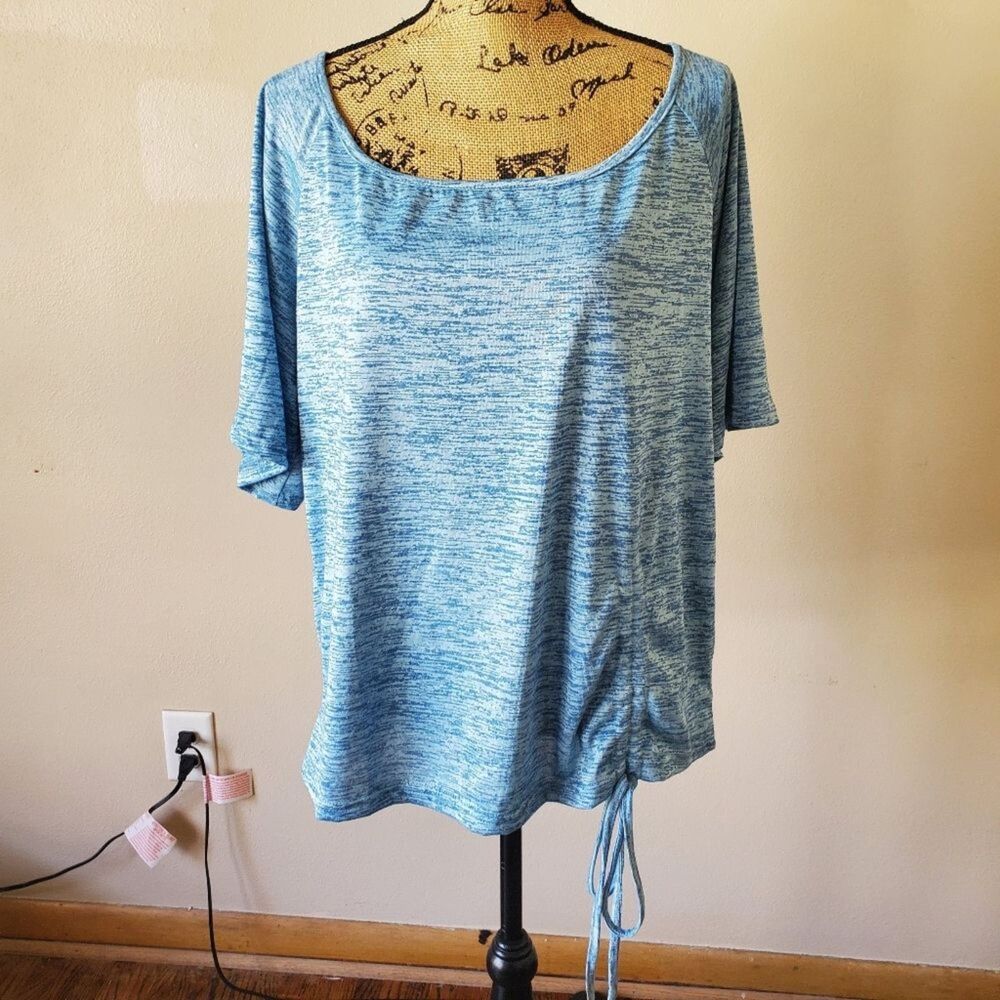 ROSEGAL Blue Knit Scoop Neck Short Sleeve Drawstring Pullover Top Size 1X NWT